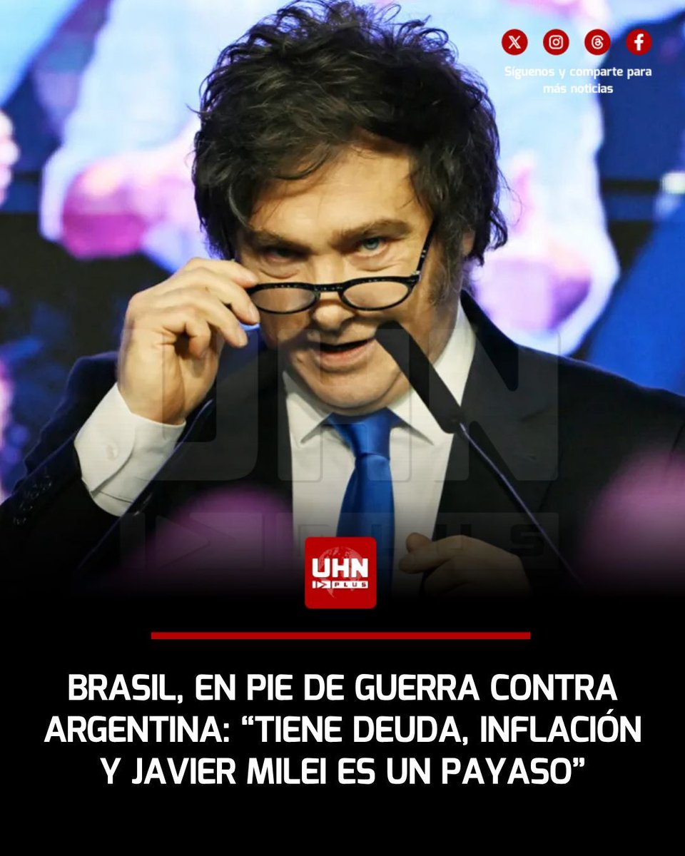 UHN_Plus's tweet photo. 🇦🇷🇧🇷‼️ | Luego de las palabras de Javier Milei contra el socialista de Lula, Darío Durigan, ministro de hacienda brasileño, atacó fuertemente al mandatario argentino: “Milei vino a Brasil cuando Argentina tiene deuda pública, riesgo país, e inflación mayor a nosotros. Es un payaso. No tiene sentido que venga a criticar, sin comunicación oficial e insultando. Es imposible no responder”. La particularidad es que según el FMI y Banco Mundial, el crecimiento de Sudamérica en 2026 lo liderará Argentina.