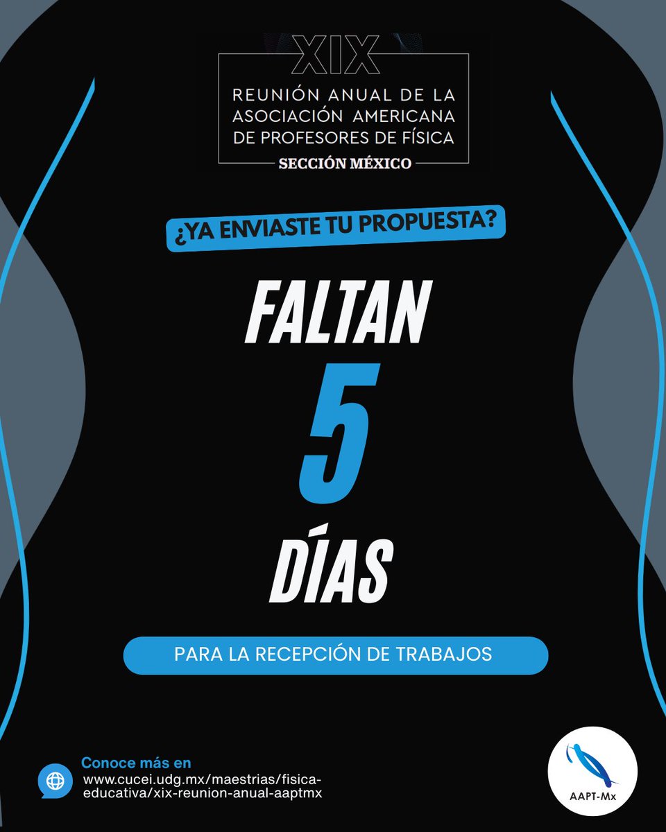 PhETsims_es's tweet photo. 📢 ¡Últimos días para participar en la XIX Reunión Anual de la AAPT-Mx! Comparte tus experiencias, investigaciones e innovaciones para la enseñanza de la Física. 📅 19-21 nov. 2026 | 💻 Modalidad virtual y presencial. 

📝 Envía tu resumen:https://t.co/gksVGVxLWm https://t.co/UWMKeMYNXR