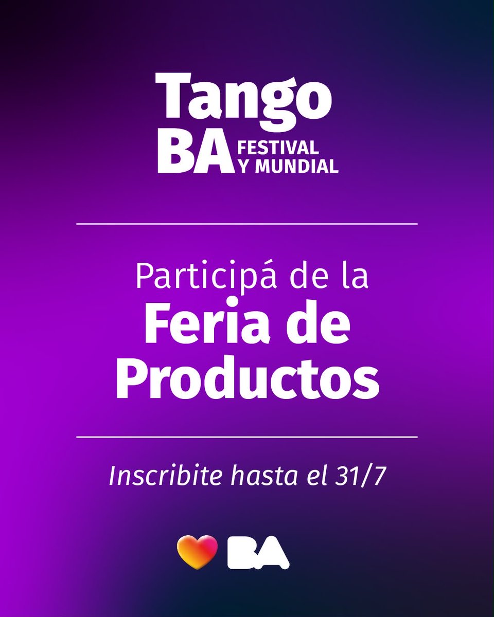 FestivalesGCBA's tweet photo. Participá de la Feria de Productos de Tango BA

Abrimos la convocatoria para emprendedores que quieran exhibir y vender sus productos tangueros en la feria del Tango BA Festival y Mundial. https://t.co/luUNGmVajw