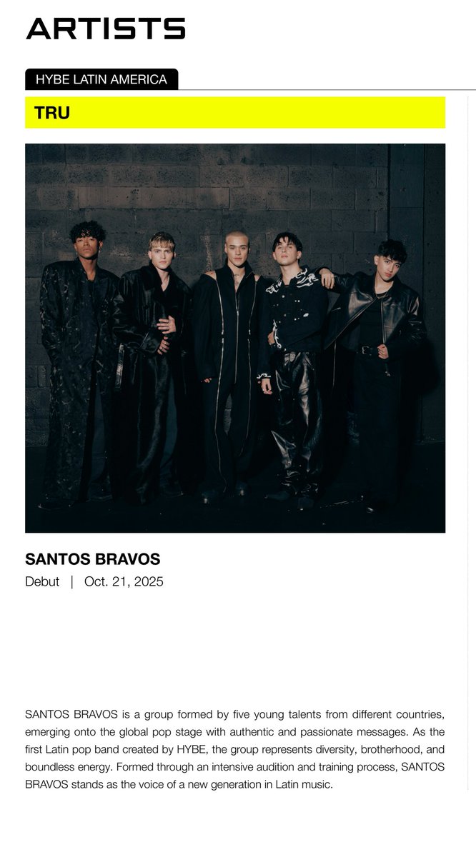 StbvBase's tweet photo. SANTOS BRAVOS via the HYBE 2025 Sustainability Management Report

- "SANTOS BRAVOS is a group formed by five young talents from different countries, emerging onto the global pop stage with authentic and passionate messages. As the first Latin pop band created by HYBE, the group represents diversity, brotherhood, and boundless energy. Formed through an intensive audition and training process, SANTOS BRAVOS stands as the voice of a new generation in Latin music."

#SANTOSBRAVOS