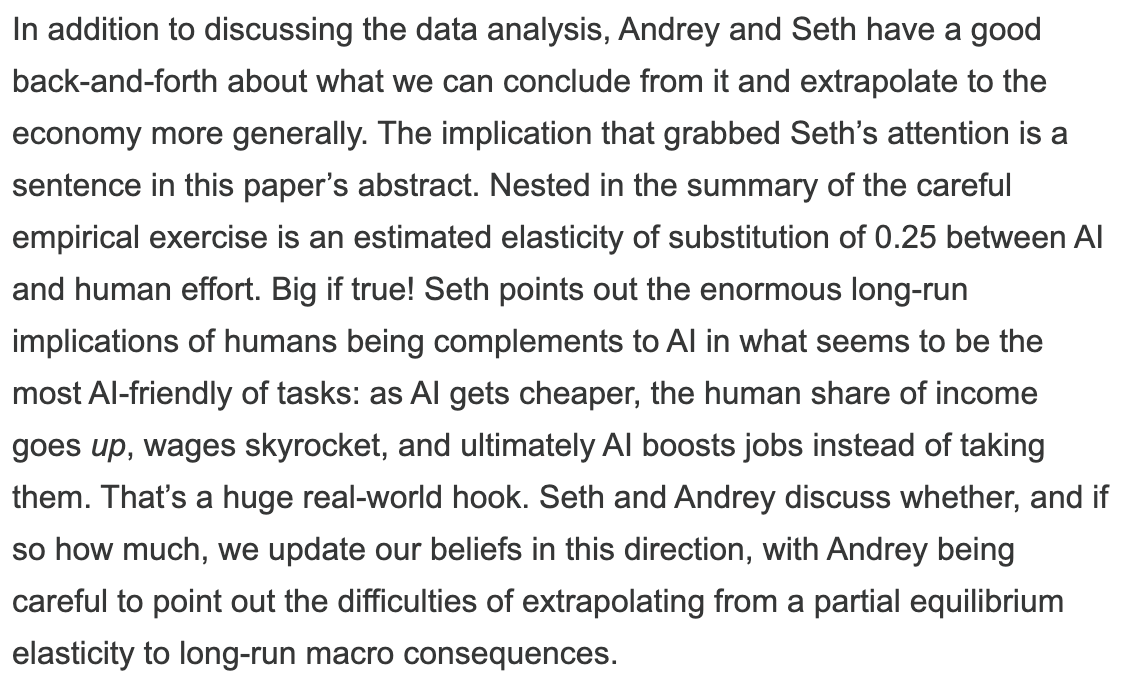alexolegimas's tweet photo. Great Justified Posterior conversation with @AndreyFradkin and @SBenzell about the "Writing Code vs. Shipping Code" paper. This part of the conversation was particularly important: the paper's estimates imply that (at least for now) humans are a complement to the most AI-friendly tasks. 

This goes a long way in potentially rationalizing the employment effects we've seen, namely the lack of displacement, and if anything, increased hiring in exposed tasks.

https://t.co/mSrTQiiFrA