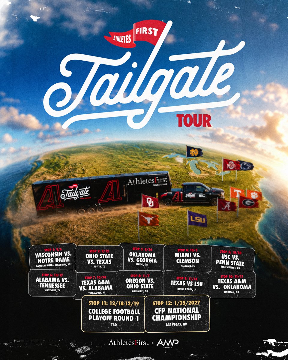 AMPSportsHQ's tweet photo. The Athletes First Tailgate Tour returns for 2026 with its biggest run yet: 12 stops, the most in tour history, including two College Football Playoff games and, for the first time ever, the CFP National Championship.

AMP Sports is excited to partner with Athlete’s First once again to bring premium hospitality, NFL and college football legends, and live content to some of college football's biggest matchups and most iconic destinations.