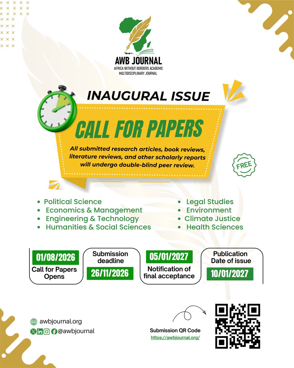 awbjournal's tweet photo. 📢 Appel à contributions | AWB Journal
Chercheurs d’Afrique et d’ailleurs, soumettez vos travaux à notre revue internationale, multidisciplinaire et en libre accès diamant.

🔗 Soumission : https://t.co/obkHkxudp8
📖 Directives : https://t.co/ELH6IsTWIq

#AWBJournal https://t.co/QG3smnlmTv
