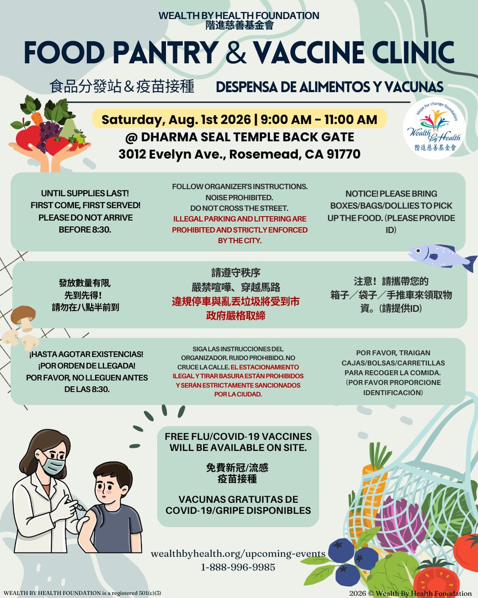 wbh_org's tweet photo. 🌟 Come This Saturday for Free Groceries &amp; Vaccines! 🌟 Everyone in the community is invited!

📅 Date: Saturday, August 1st, 2026
⏰ Time: 9:00 AM – 11:00 AM
📍 Location: Parking Lot
3012 Evelyn Ave., Rosemead, CA 91770

#free #food #vaccine #flu #covid #hunger #health https://t.co/0VyURuCxiY
