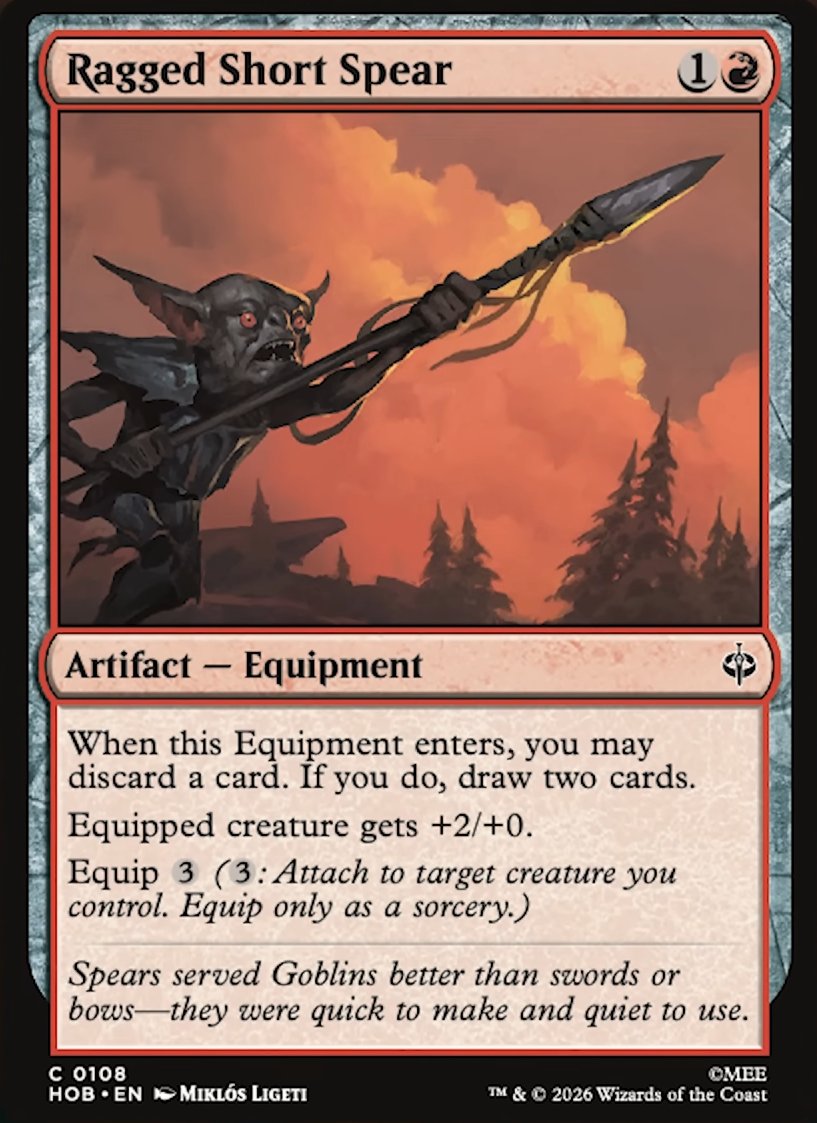 DimirUB's tweet photo. 【MTG x THE HOBBIT】
これが戦場に出た時、あなたはカードを1枚捨ててもよい。そうしたなら、カードを2枚引く。

装備しているクリ一チャ一は+2/+0修正を受ける。

装備 (3)
ーー
Guild Packより https://t.co/3F17m6BQln
