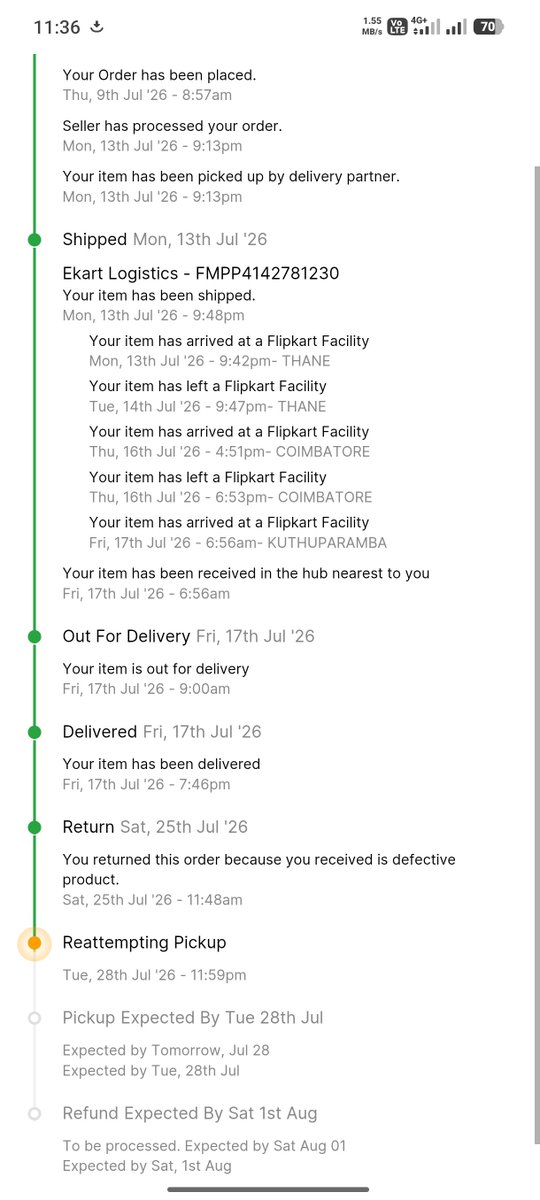 Sanjeeva8500's tweet photo. @Flipkart @flipkartsupport  I'm placed the return order but no delivery person come and pickup my order 11 days complete how long I'll wait https://t.co/v068ZjruGG