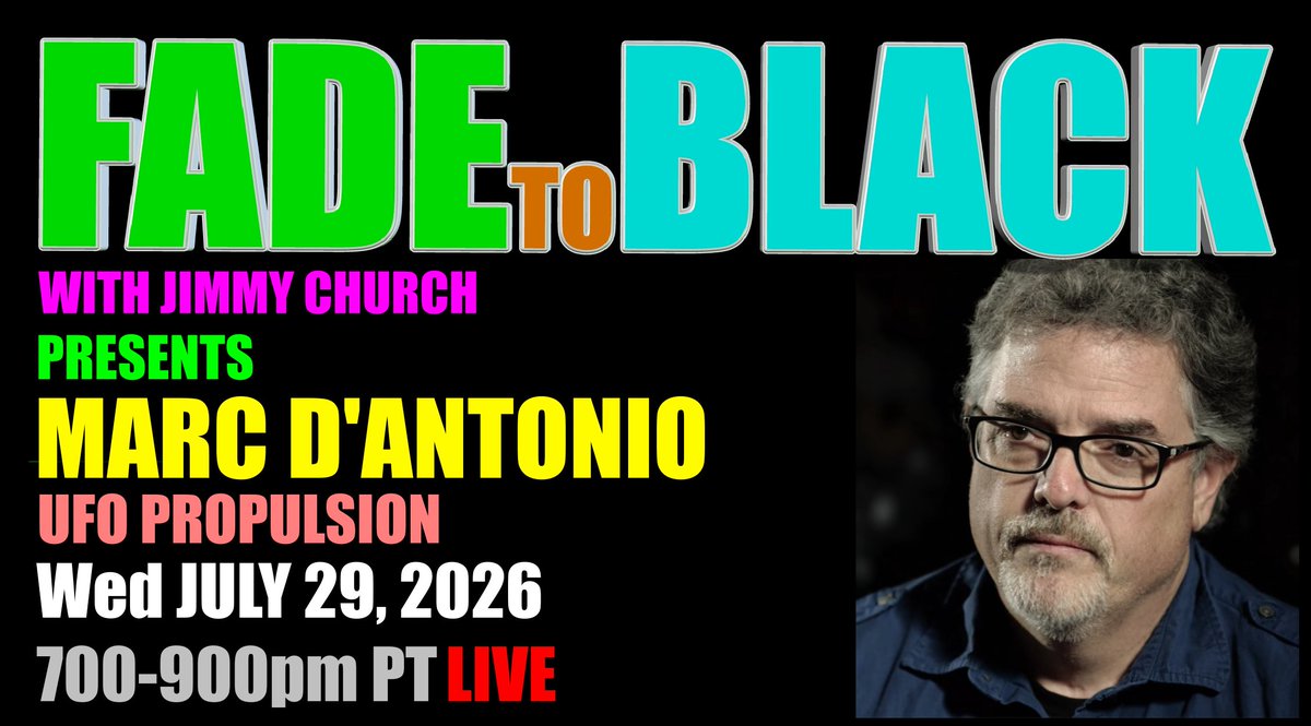 JChurchRadio's tweet photo. This Week on FADE to BLACK:

Mon: Patti Negri
 Old World Magick
Tue: James Van Praagh
 Life Beyond Death
Wed: Marc D'Antonio
 UFO Propulsion 
Thu: Cliff Dunning
 Ancient Civilizations

#f2b #media #ufo #breakingufo
#disclosure #conspiracy #radio https://t.co/MHHIRTTr2W