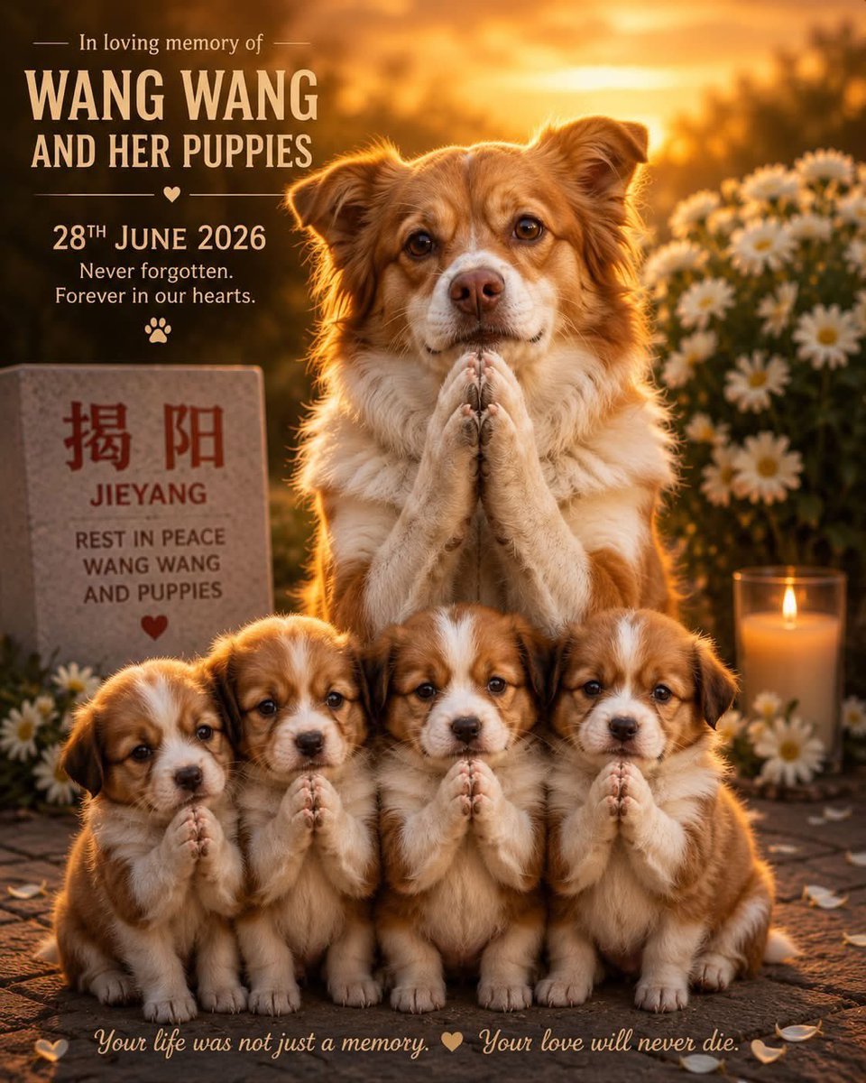 feilung_lau's tweet photo. 🕯️ 28 JUNE 2026 🕯️
ONE MONTH WITHOUT JUSTICE.
WE WILL NOT FORGET.
JUSTICE FOR WANG WANG & HER PUPPIES.

🛑 ONE MONTH. STILL NO JUSTICE FOR WANG WANG.

Today marks one month since Wang Wang and her innocent puppies were brutally killed.

One month has passed….
Yet justice remains nowhere to be seen.

Over the past month, countless rumours have spread across social media:
• Was she beheaded?
• Were the bodies eaten?
• Was there a larger plan behind the cruelty?
• Who adopted Laifu?
• Who adopted Doufu?
• Was there an organised animal abuse ring?

HONESTLY….
I don’t want to focus on rumours anymore.
I care about one undeniable truth.

Wang Wang and her puppies suffered unimaginable cruelty.
Nothing will ever change that.
The more we argue over unverified stories, the more we lose sight of what truly matters.

JUSTICE….
Not gossip.
Not conspiracy theories.

Justice….
❤️ I am deeply grateful that people around the world refused to stay silent.
Petitions.
Billboards.
Posters.
Millions of people now know Wang Wang’s name.

BUT I AM SERIOUSLY WORRIED….
I’m worried Wang Wang’s case will slowly fade away…
Just like Orelha in Brazil.
Just like Chutou in Henan.

PLEASE….
Don’t let Wang Wang become another forgotten victim.
This is not only about one stray dog.
It is about every animal that cannot speak…
cannot fight back…
and cannot ask for help.

I hope that one day every country including China will strengthen its animal protection laws so that acts of extreme cruelty are met with meaningful legal consequences.

UNTIL THEN….
Keep speaking.
Keep sharing.
Keep remembering Wang Wang.
Because the day we stop talking…
is the day the world forgets her.

🕊️ Justice for Wang Wang.
Never forgotten!!!
Never ignored!!!
⸻——————-

PLEASE sign and share the petition to help seek justice for Wang Wang and her puppies.
👉 Petition:
https://t.co/9YWHERzqaj

📧 Take ACTION today.
Send an email to the Jiedong District Education Bureau urging a full investigation into the allegations surrounding this case.
👉 https://t.co/Abh4Fu4hWo

#JusticeForWangWang
#StopAnimalCruelty
#SpeakForTheVoiceless
#NeverForgetWangWang
#AnimalProtectionLaw