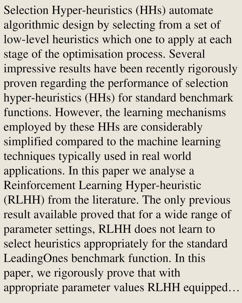 TAL's tweet photo. On the Runtime Analysis of Reinforcement Learning Hyper-Heuristics

Pietro S. Oliveto, Zhenyu Wang, Peizhou Wu, Mengqing Xu
https://t.co/YyycIO0BDO [𝚌𝚜.𝙽𝙴]
💬Published in PPSN 2026 https://t.co/VR5NN1UTaf