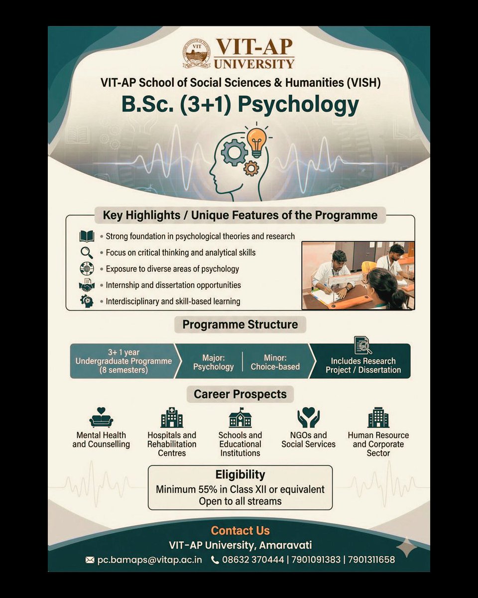 VITAPuniversity's tweet photo. Your Future at VISH Awaits - Admissions Extended to 31st July 2026!

#VISH #VITAPUniversity #SocialSciences #Humanities #Admissions2026 #AdmissionsExtended #BScPsychology #BAMADualDegree #CampusLife #CulturalVibes #StudentLife #JoinVISH #HigherEducation #UPSCPreparation https://t.co/X5urctzQmm