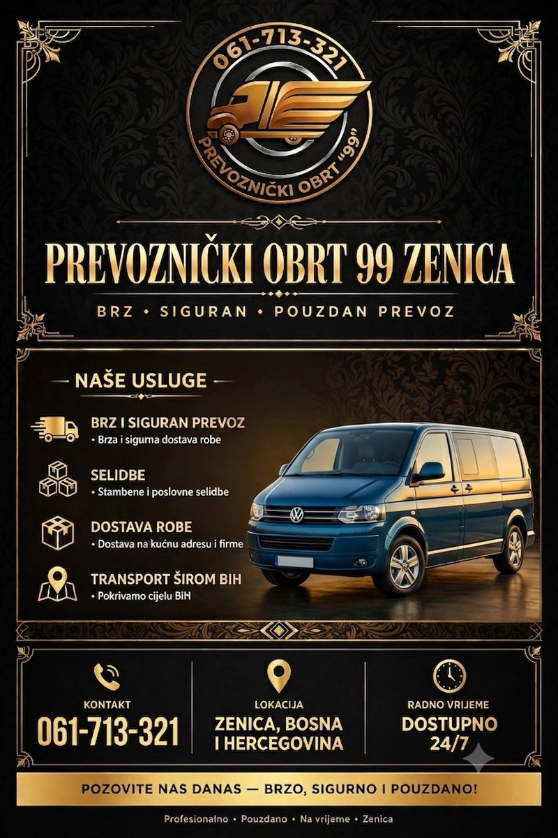 Prevoznik_99's tweet photo. 🚚 PREVOZNIČKI OBRT "99" ZENICA

Treba ti brz i siguran prevoz? Mi smo tu!
✅ Selidbe (stan, kuća, firma)
✅ Dostava robe i namještaja
✅ Transport širom BiH - svaki dan na terenu!

📞 Pozovi odmah: 061-713-321
💰 Povoljno, brzo, pouzdano - 100% zadovoljnih mušterija! https://t.co/MwAM30eA8u