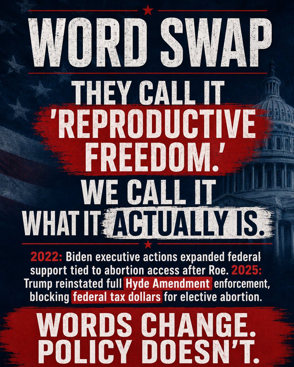 frfrankpavone's tweet photo. They call it “reproductive freedom” because the truth would never survive the focus group.

The policy reality is much simpler:

Biden expanded federal involvement connected to abortion access. Trump enforced the Hyde Amendment to prevent federal funds from supporting elective abortion.

One side changed the vocabulary.

The other changed where your tax dollars could go.