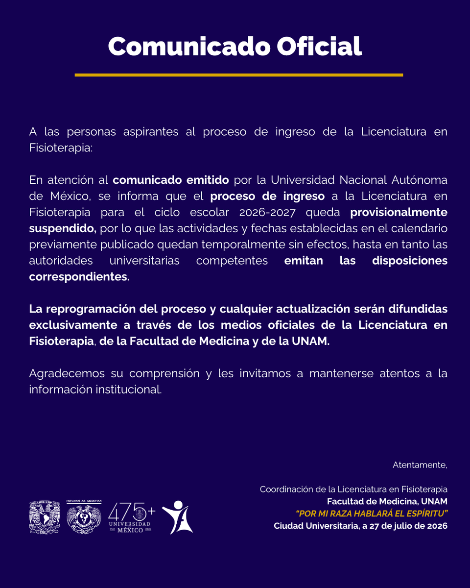 fisiounam's tweet photo. ‼️���ATENCIÓN ASPIRANTES, INFORMACIÓN IMPORTANTE 📢‼️ https://t.co/Z2pMZ4pnVN
