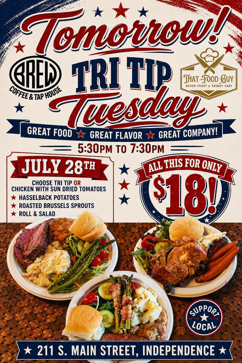 BrewCoffeeTap's tweet photo. Tomorrow at Brew Coffee &amp; Tap House at 5:30.  All this for only $18! 
The good stuff goes fast, so don't dilly-dally!
PS - These are pictures are of the REAL food from recent Tri Tip Nights at Brew, these are not AI food pictures.  
You may want to wipe the drool off your chin! https://t.co/hYyzSj6IUW