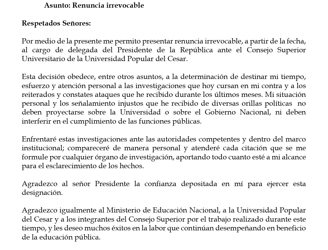NoticiasRCN's tweet photo. #ATENCIÓN | Juliana Guerrero renunció como delegada del presidente Gustavo Petro ante el Consejo Superior Universitario de la Universidad Popular del Cesar ⬇️ https://t.co/WDRQpIgDM3