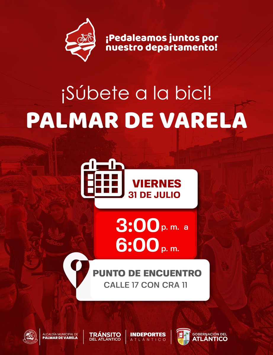 TransitoAtl's tweet photo. #AtlánticoEnBici 🚵‍♀️ Te esperamos este viernes 31 de Julio en el municipio de #PalmarDeVarela con nuestro programa de #AtlánticoEnBici 🚲

🤩Tendremos actividades lúdicas y deportivas para los niños, rumbaterapia para los jóvenes y adultos, con un gran bicipaseo municipal. https://t.co/pjr2mvq23a