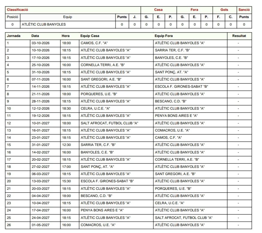 SangTaronjaBCN's tweet photo. CALENDARI 26-27. L'@atletic_club ja coneix els rivals definitius de #4cat4, que enguany serà el gran grup dels derbis del #PladelEstany. La lliga arrenca el 3 d'octubre visitant el @CFCamos i a la 3a jornada ja es viurà al Camp Vell el superderbi amb el @CEBanyoles #AmuntCollons https://t.co/3xqXudxybI