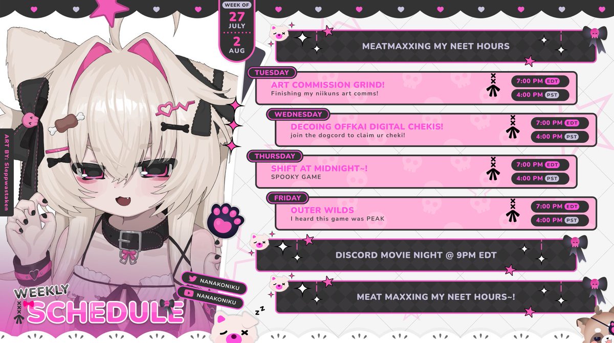 NanakoNiku's tweet photo. 🍖【WEEKLY MATING SCHEDULE!】🍖
🗓️ 7/27 - 8/2 (ᐡ>ω<'ᐡ)

······························ ﹒❤︎ ⁠﹒······························· https://t.co/U6JO2KYKKp