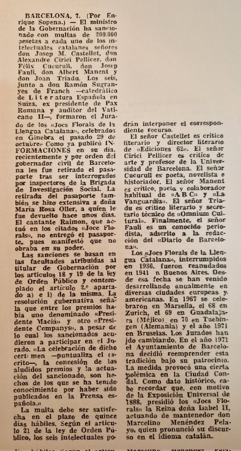 deleslletres's tweet photo. Sancions diverses i multa de 200.000 pessetes i retirada del passaport a cadascun dels membres del jurat dels Jocs Florals de la Llengua Catalana, Castellet, Cirici, Cucurull, Faulí, Manent i Triadú, celebrats a l'exili (Ginebra) l'any 1972 https://t.co/XAto0BpBWY