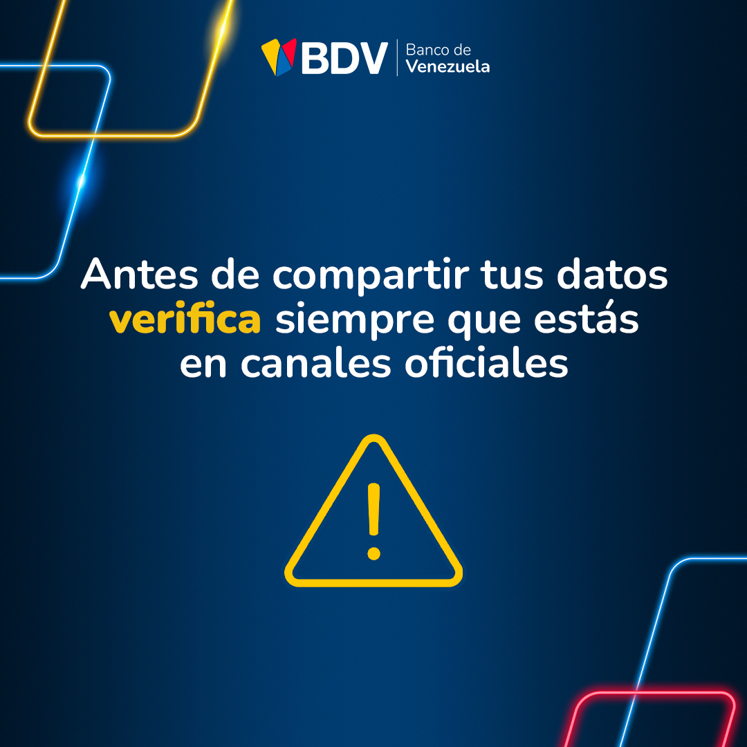 BcodeVenezuela's tweet photo. Tu seguridad es nuestra prioridad.

Sigue estas recomendaciones y evita caer en estafas:

✅ Protege tus datos
✅No compartas claves ni códigos.
✅Tus datos son personales e intransferibles.

En el BDV te acompañamos siempre, porque el mayor valor eres tú ❤️ https://t.co/RaV5EyEc35