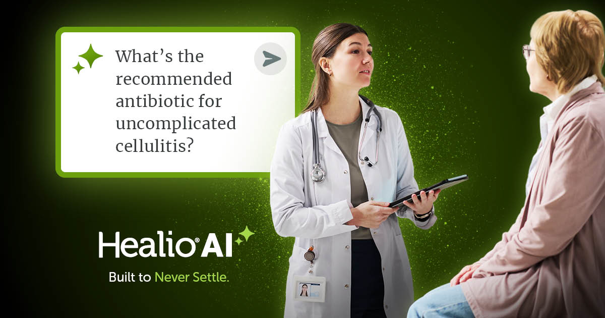 Healio_OSN's tweet photo. Cellulitis treatment isn't one-size-fits-all. 🤔 Get a concise, evidence-based answer in seconds so you can spend less time searching and more time caring for patients.
Start with a sample prompt: https://t.co/7IBG7b1U5c
#HealioAI #PatientCare #MedicalAI https://t.co/gMCWtfTtC8