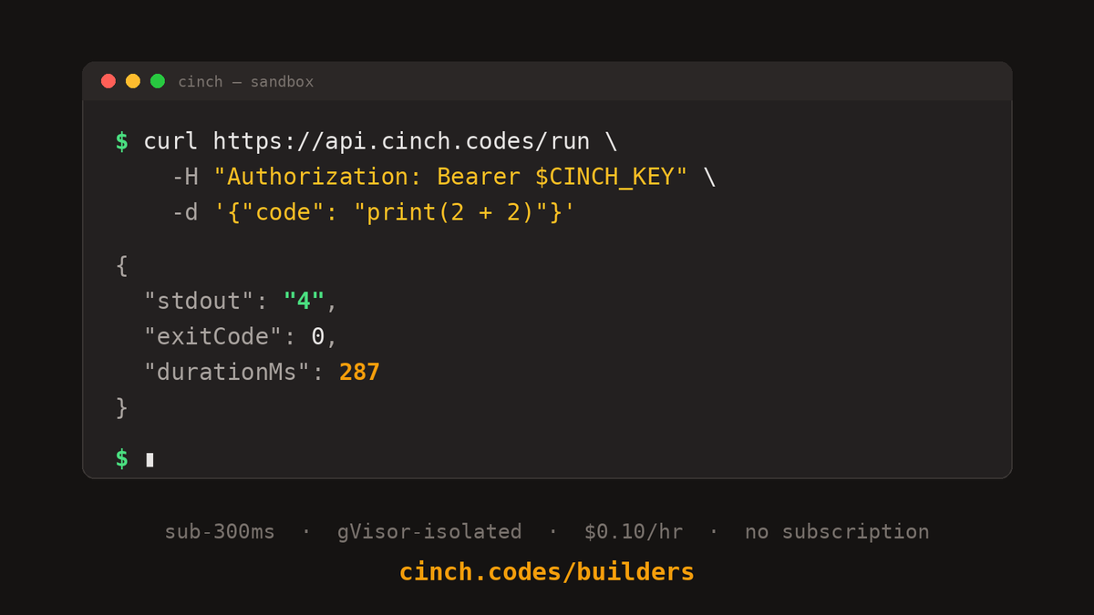 yusufkadry's tweet photo. This isn't an ad trying to sell you something. I need beta users.

I'm 17. I built Cinch: run untrusted AI-generated code in isolated sandboxes. One API call.

Up to $1,000 in free compute if you're building something real. I read every application. Tap the image to apply.
