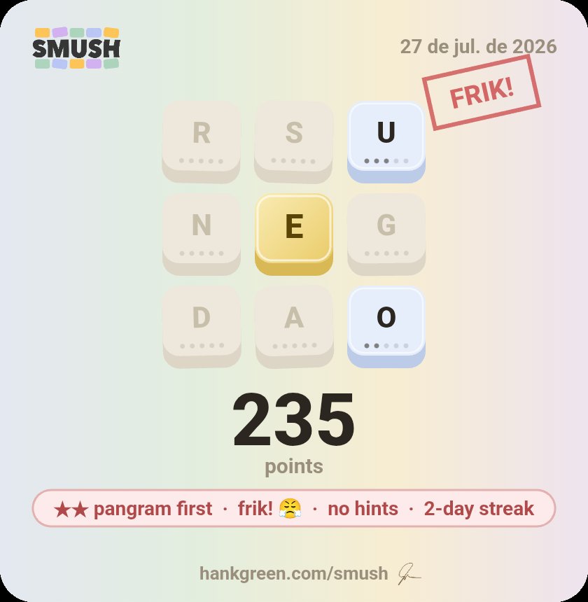 DBachiniLima's tweet photo. https://t.co/if5Xzt9ySD · 27 de jul.
235 pts · ★★ pangram first · frik! 😤 · no hints · 2-day streak
🥞🥞🟩
🥞⭐🥞
🥞🥞🟨 https://t.co/tvDluTZfHQ