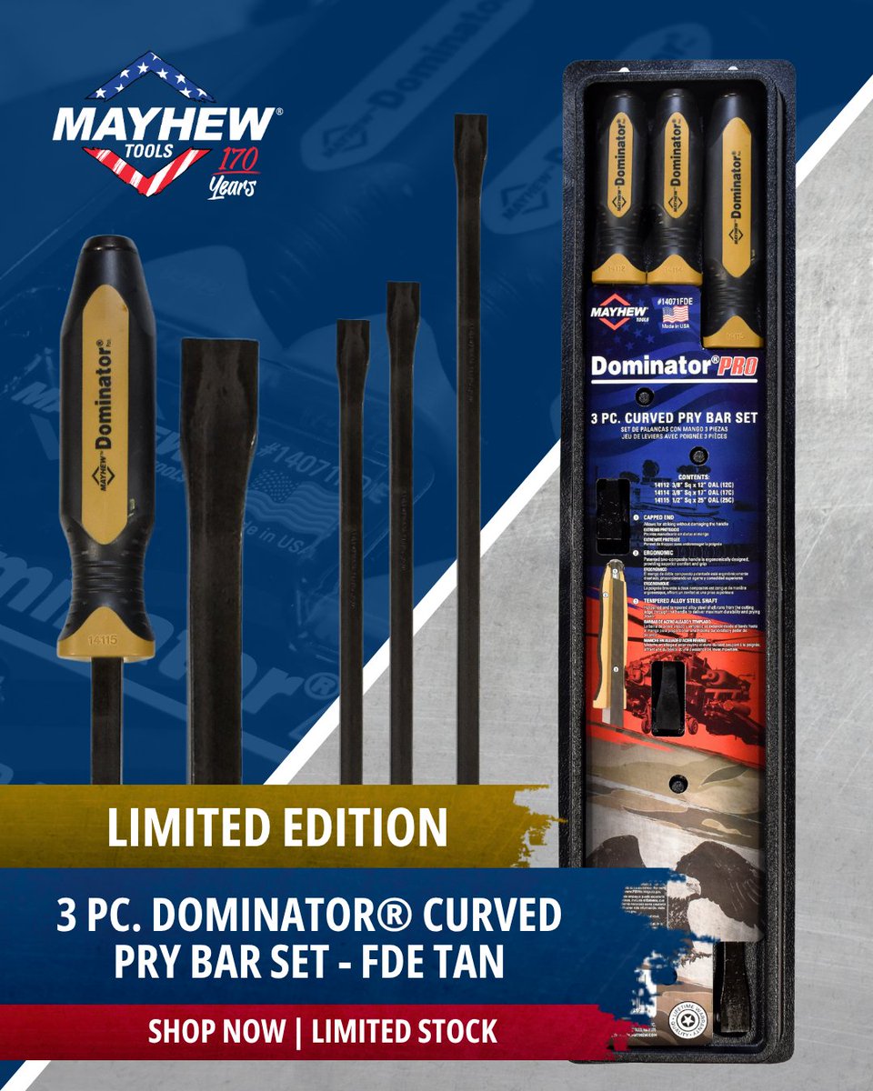 mayhewtools's tweet photo. 🚨 ICYMI

We recently released the limited edition 3 Pc. Dominator® Curved Pry Bar Set - FDE Tan!

✔ 12", 17", &amp; 25"
✔ Built for maximum durability
✔ Made in the USA
✔ Limited run

Don't wait until they're gone.

Shop now: https://t.co/a6WAZgCGqc https://t.co/7CsqGrkvEv