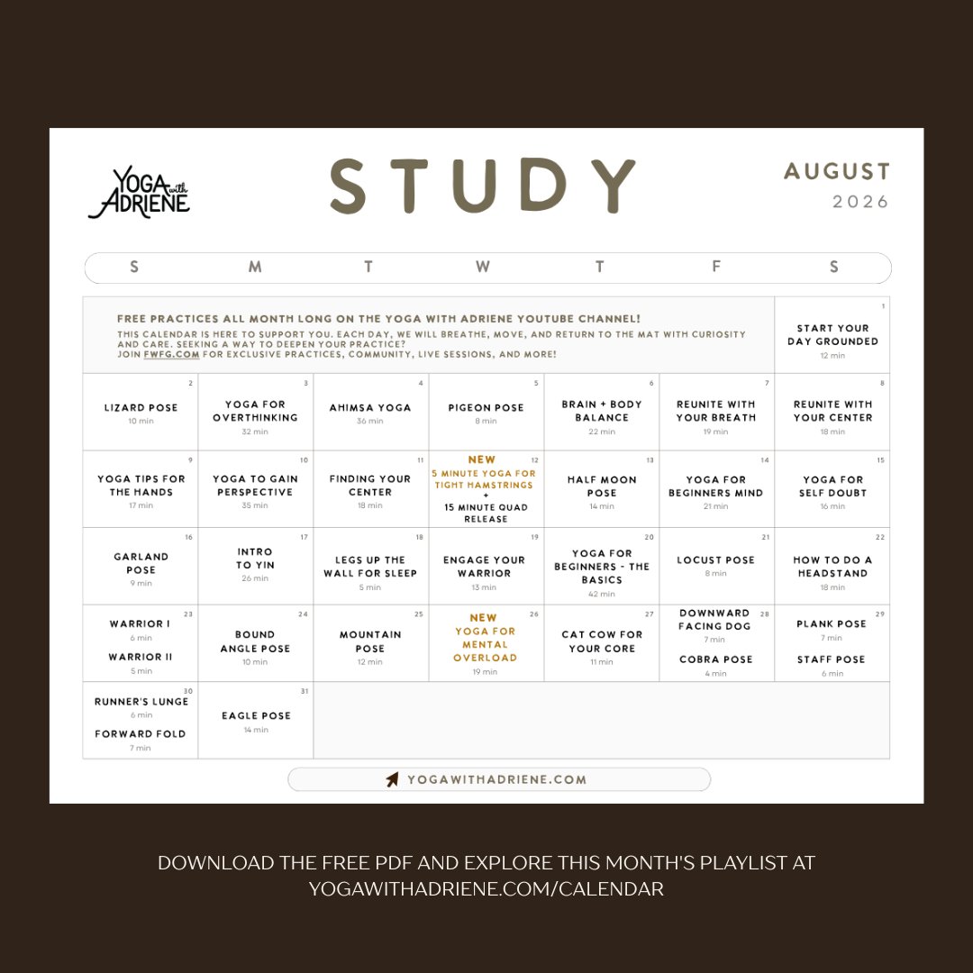 yogawithadriene's tweet photo. This August, the study of yoga becomes a tool for self-reflection, building awareness and gaining wisdom. 

Download the free PDF and explore this month's playlist at the link.
https://t.co/GNWl0ah4Tc https://t.co/p88MyPEHCC