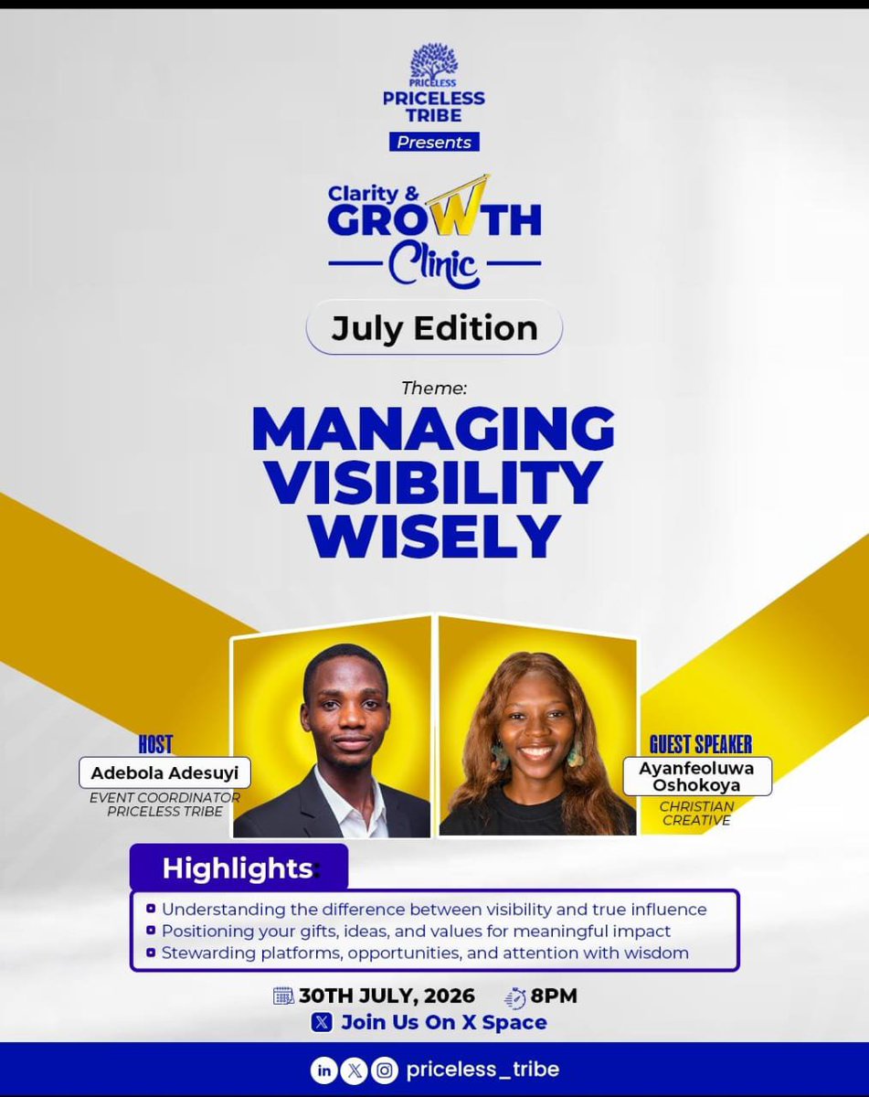 priceless_tribe's tweet photo. Visibility opens doors. Wisdom determines what you do next.

How do you stay visible without losing your values?

Join us at the July #ClarityAndGrowthClinic.

📅 Jul 30 | 🕗 8 PM
🎙️ X Spaces

https://t.co/Zab3VU6egm

#PricelessTribe https://t.co/RF5BszkrOT