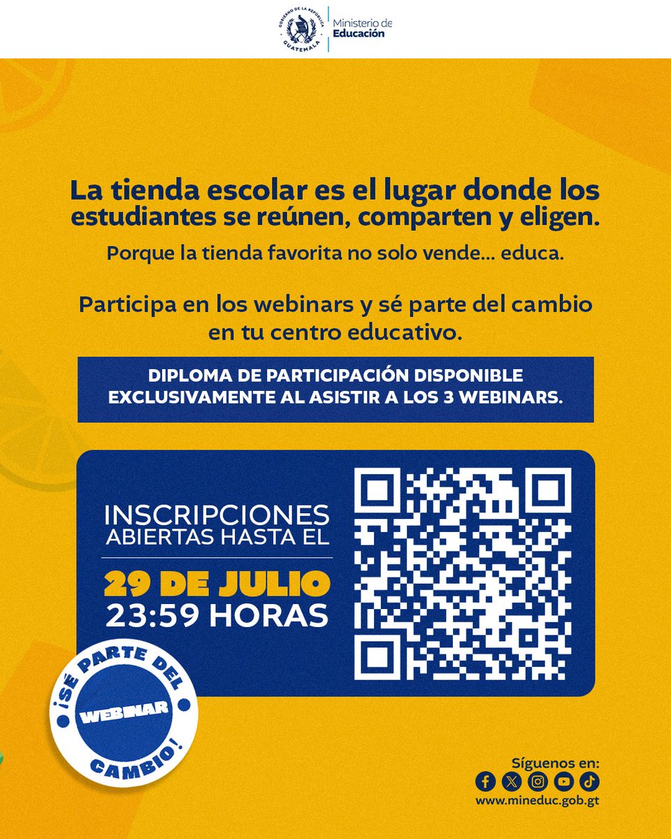 MineducGT's tweet photo. Inscríbete a los tres webinars gratuitos dirigidos a docentes, directores, responsables de tiendas escolares y toda la comunidad educativa.

¡Haz tu tienda escolar la más saludable!

Inscríbete aquí: https://t.co/4NcpFmjfeR

#PAEGuatemala
#Mineduc
#ProgramaDeAlimentaciónEscolar
#TiendasEscolares
