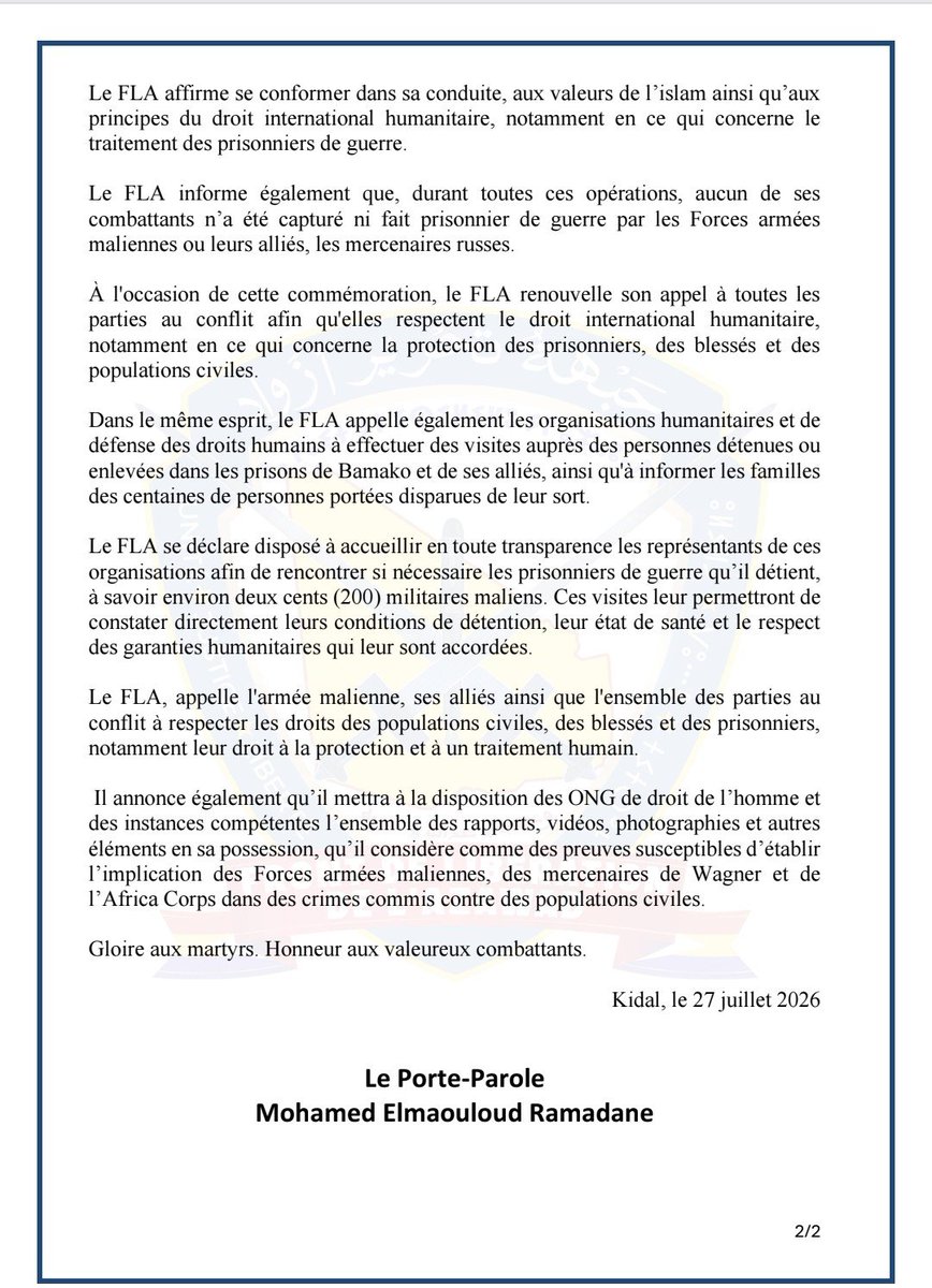 SahelAlerte's tweet photo. 1/
🚨 #Azawad  | Communiqué du FLA
À l'occasion du deuxième anniversaire de la bataille de Tinzawatène (27 juillet 2024 – 27 juillet 2026), le Front de Libération de l'Azawad rend hommage aux combattants tombés et affirme que cette bataille demeure un symbole historique de résistance et de lutte pour la liberté du peuple de l'Azawad.