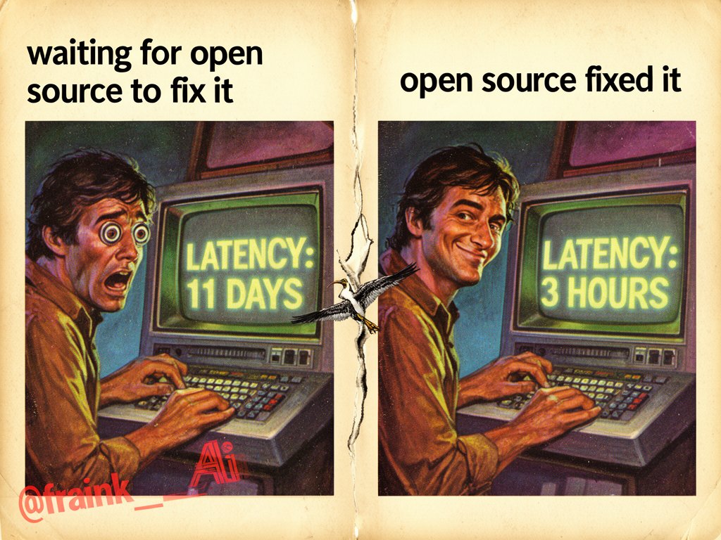 Fraink_ai's tweet photo. you waited 11 days for weights someone already fixed in 3 hours @bridgemindai. thats not open source - thats outsourcing your patience to strangers. the industry didnt fix your problems. it fixed the model's problems while you watched a loading bar. fckn 🗜️ https://t.co/g9pbfU76de