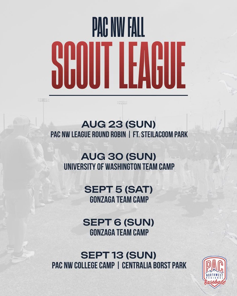 PNWBaseball's tweet photo. 🚨 PAC NW SCOUT LEAGUE IS BACK. 🚨

Built for the top prospects in the 2028 & 2029 classes looking to compete against the best while getting in front of college coaches.

https://t.co/f6TDEBnBlQ

This fall, Scout League players will compete in:
⚾ Team Camps
⚾ PAC NW College Showcase Camp
⚾ Round Robin Competition
⚾ Opportunities to earn spots on our PAC Fall Scout Teams

If your goal is to play at the next level, this is where relationships are built, players are evaluated, and opportunities are created.

Interested in joining? Fill out the Prospect Form to be considered for an invitation.

#PACStrong #PACNW #ScoutLeague #CollegeBaseball #PlayerDevelopment