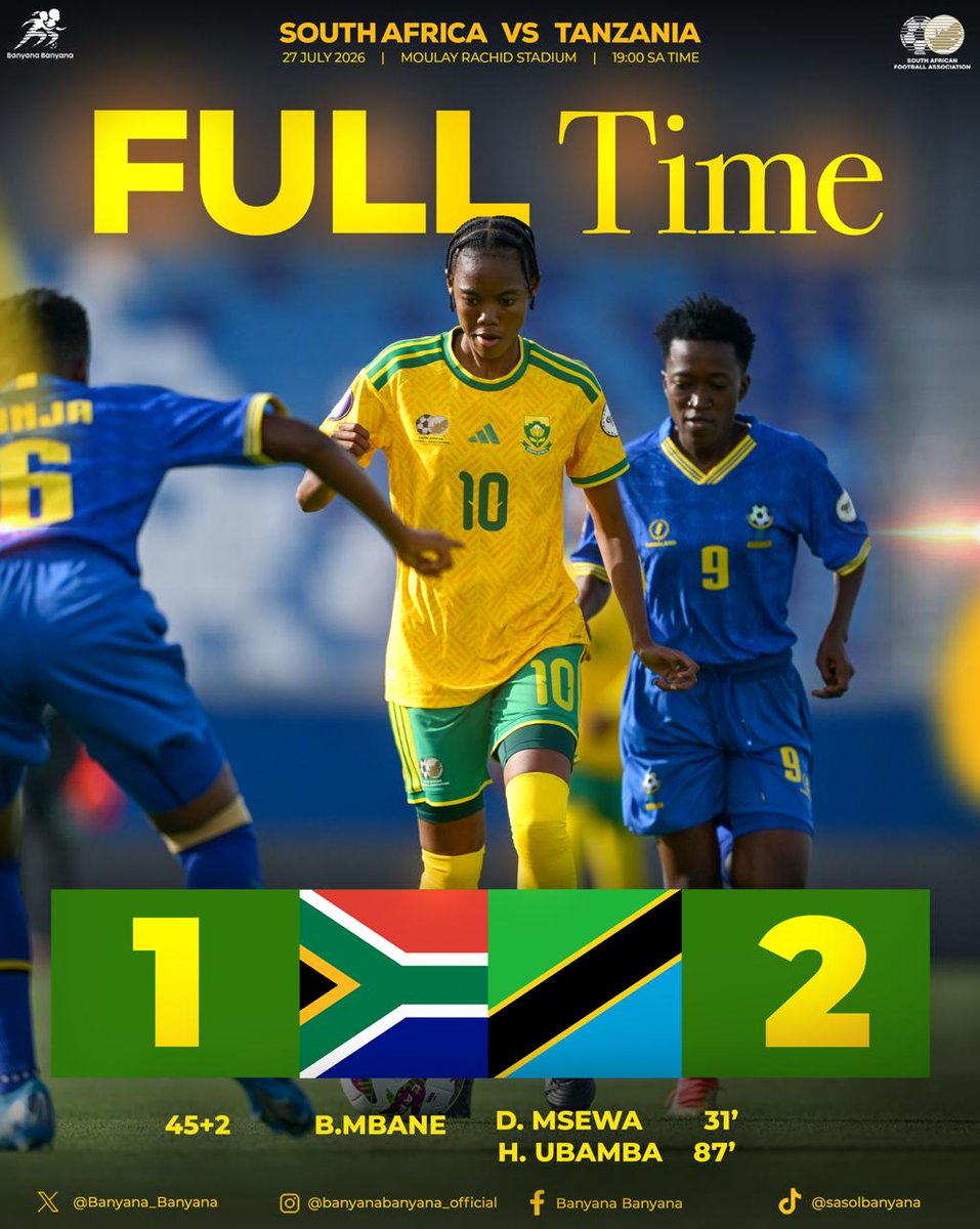 Banyana_Banyana's tweet photo. Not the start South Africa wanted as they fall 2-1 to Tanzania in the opening match of WAFCON 2026

#BanyanaBanyana
#Banyana
#WAFCON2026 https://t.co/lKO4fxU32z