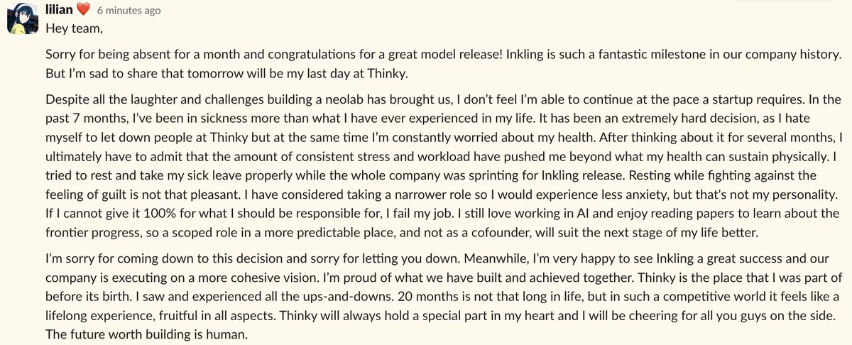 Lilian Weng (co-founder) leaving Thinking Machines