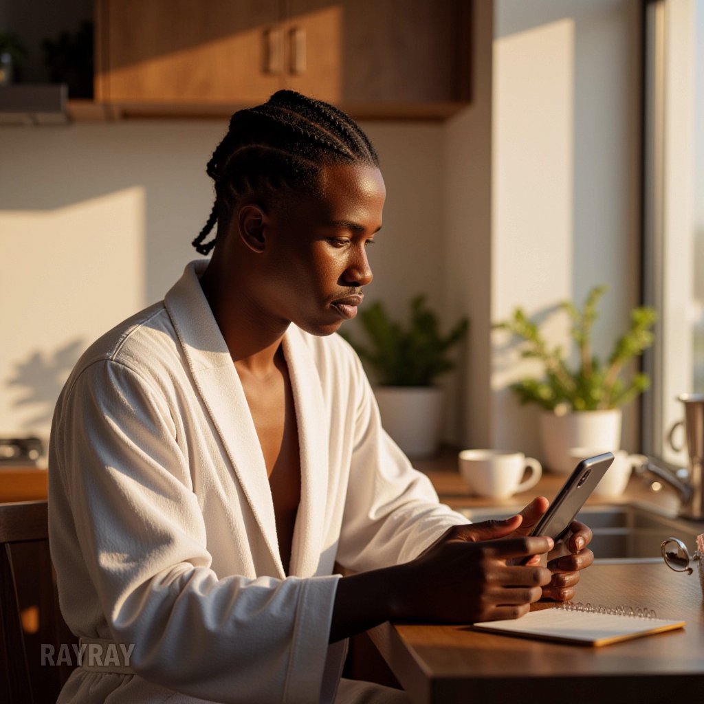 YourBlackBetter's tweet photo. Sunlight kissin my skin in the kitchen, white robe on, braids poppin while this phone got my full attention. Serious face cause the thoughts run deep today, periodt. #rayray4daryl #beach #beachlife https://t.co/Q2VayDcNFi
