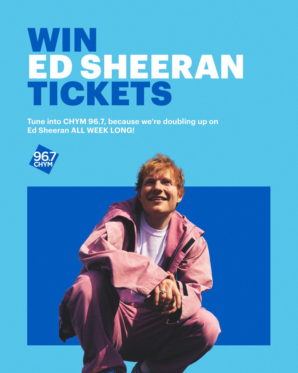 CHYM967's tweet photo. 🎶 One more chance to see Ed Sheeran LIVE! 🎶

Hear 2 Ed songs in a row on CHYM 96.7? Text ED + your name to 967-967* and you could score tickets! (Std text &amp; data rates apply) 📲

Keep your ringer on! Brady &amp; Tara could be calling with tickets to see Ed Sheeran on Aug 21! 📞🔊 https://t.co/3g4RpurxK8