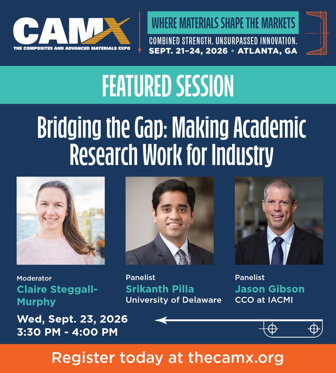 the_CAMX's tweet photo. New at #CAMX2026: Featured Sessions are coming to the show floor!
Join Bridging the Gap: Making Academic Research Work for Industry on Sept. 23 at the CAMX Innovation Stage.
View session: https://t.co/FszaU47Qx0
Register for CAMX: https://t.co/KKRfn3DPBR https://t.co/OAFOocgxBj