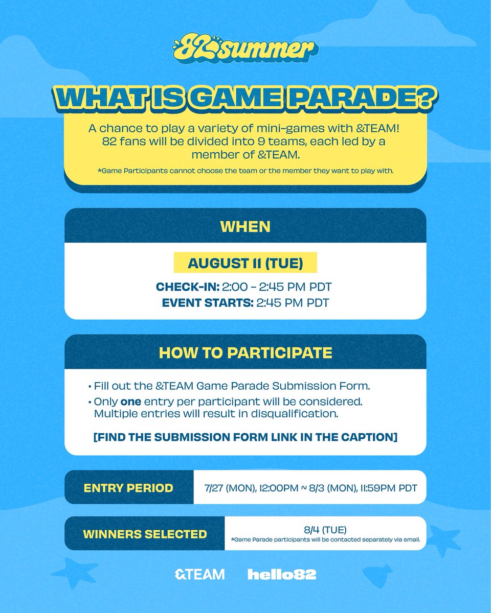 hello82LA's tweet photo. LUNÉ, ready to play some games? 🎮
Game Parade Submission Form is now OPEN! Find out who the game master is and how to join the fun with &TEAM! 🔥

Sign up NOW until 8/3 11:59 PM PDT ⬇️
🔗 https://t.co/CpXe1ub3Lr

*Signing up does not guarantee entry
*This event is NOT first come, first served
*Attendees will be randomly selected from those who submit the Event Submission Form (no purchase necessary)

@andTEAMofficial 
#andTEAM #앤팀 #82summer #hello82 #hello82LA
