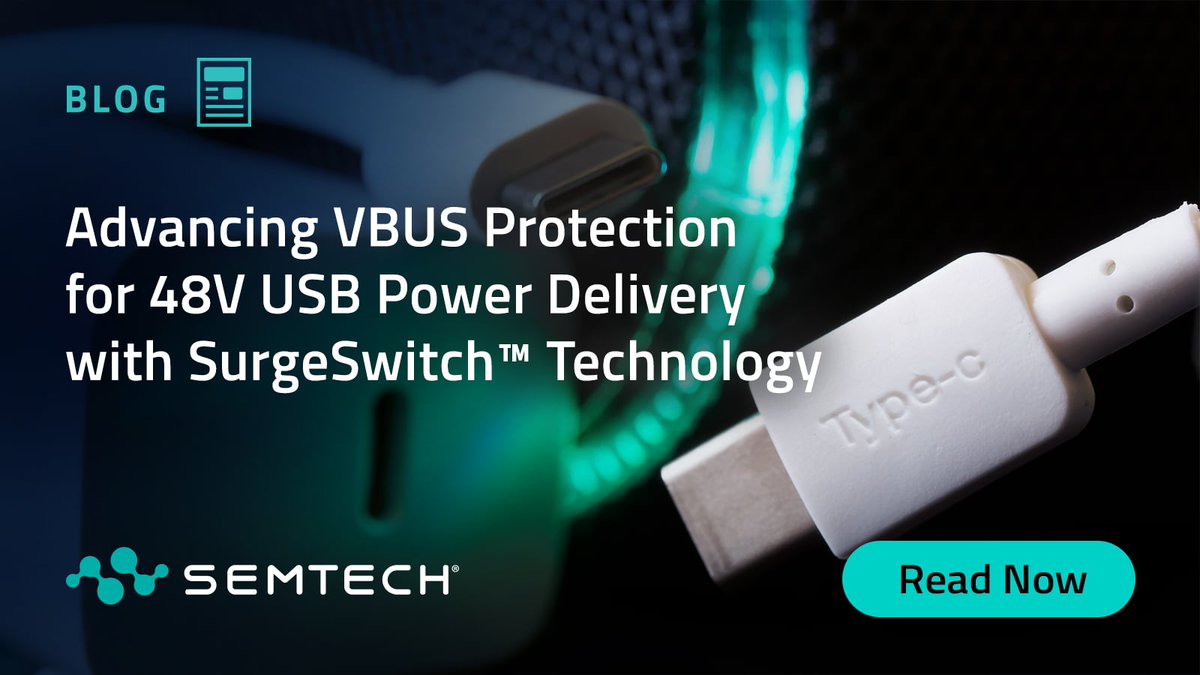SemtechCorp's tweet photo. #USB PD 3.1 pushes VBUS to 48V and 240W. Conventional TVS diodes weren't built for it. #Semtech's TDS5311P #SurgeSwitch holds a nearly constant 63V clamping voltage across the full surge range, ~24V lower than comparable TVS solutions.
Read now: https://t.co/8XstgaFNxT https://t.co/EsCmFjC22X