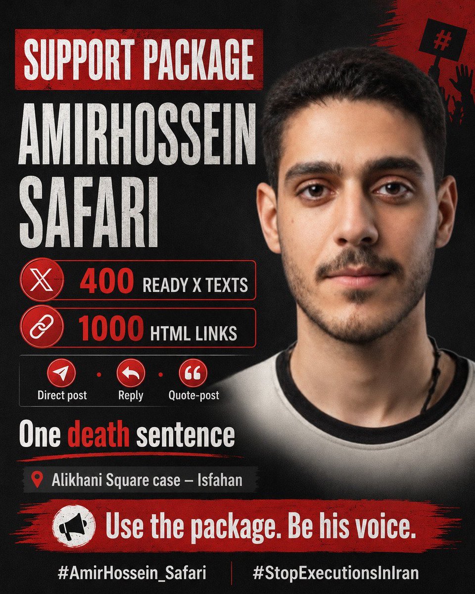 Sahar_3535's tweet photo. @NEWSMAX @hrw
Every minute matters. AmirHossein Safari, 28, is at risk of execution after the January protests in Isfahan. The world must act now. Stop the execution. Save his life.
#StopExecutionsInIran #AmirHossein_Safari #navid_elyasi https://t.co/CdRfF5gtL9
