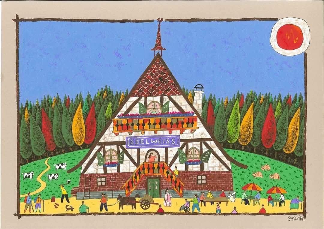 奥村ユズル　水彩画原画「英国パブ　テンペスト」 森の感じがとても好きな作品です。 過去展示作品 「スイス、山のカフェ