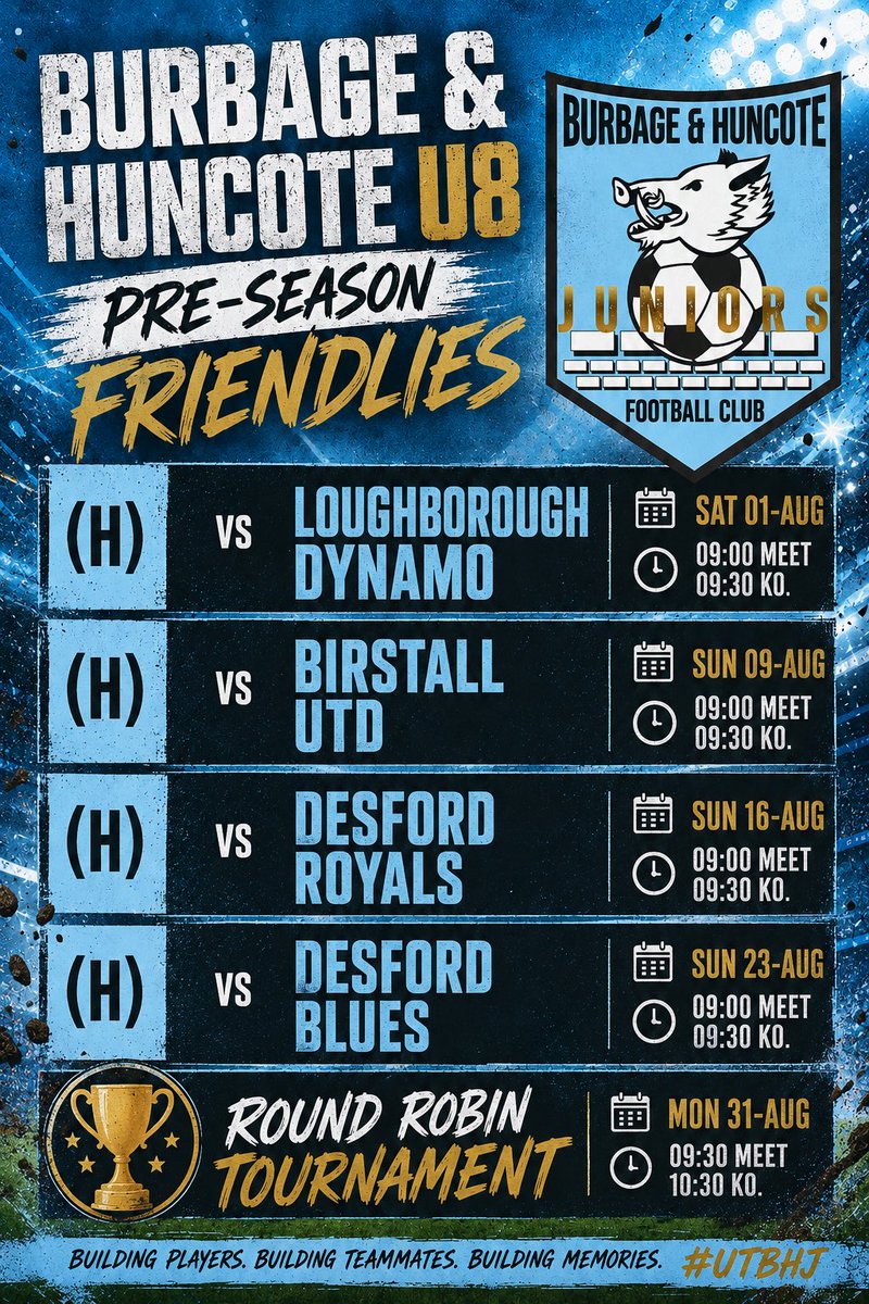 BurbageHunJnrs's tweet photo. Pre-season is here! 🩵⚽️
The countdown is on. Every training session and friendly is a chance to learn, improve and grow together. There’ll be challenges, commitment and determination—but above all, plenty of fun. Time to make memories. Let’s go, U8s! 💪🐗 #UTBHJ https://t.co/UuZKc6JkCG