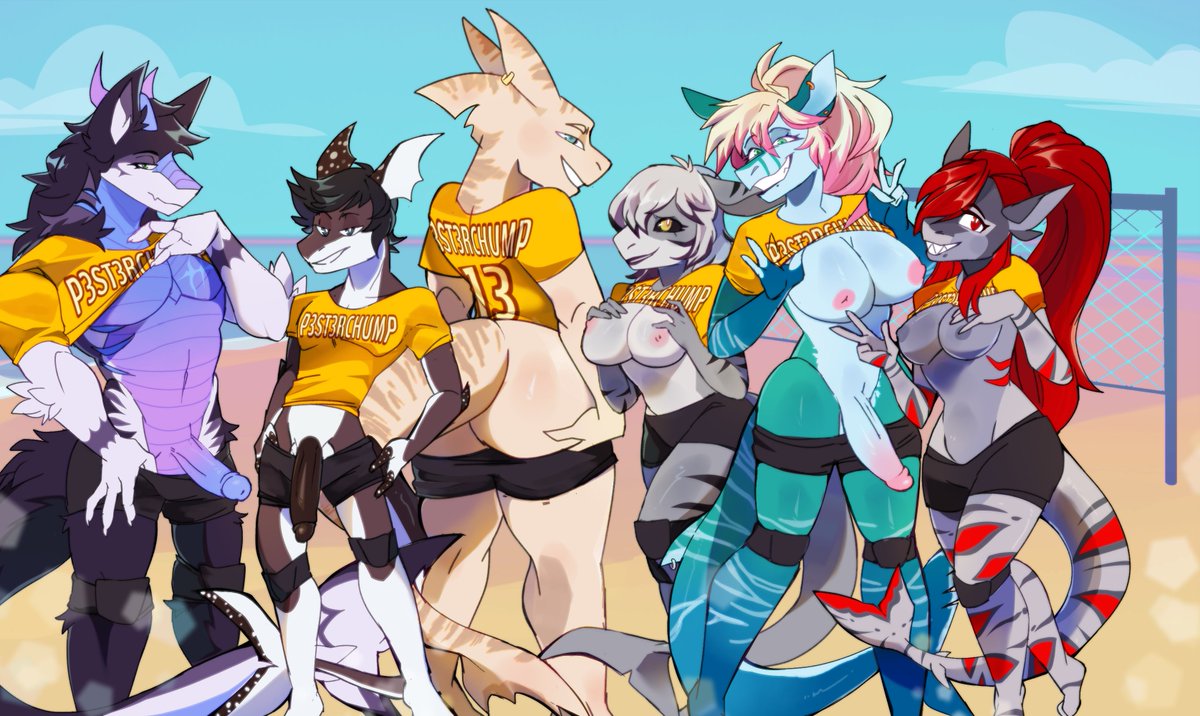 PeachyMewtwo's tweet photo. There's a Shark Week volley ball tournament and THIS is who you're up against WYD?? Wonderful comm featuring PeachShark by @.EstudioBlue https://t.co/potXlpdZ5t
