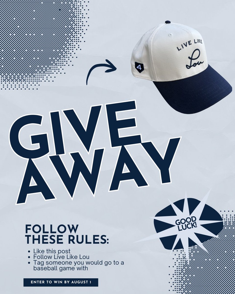 LiveLikeLou4's tweet photo. GIVEAWAY TIME! 🎉 Enter to win the NEW Live Like Lou Classic Cap. 🧢

How to enter:
✨ Like this post
✨ Follow Live Like Lou 
✨ Tag someone you would go to a baseball game with

The winner will be notified on August 4! https://t.co/tneGMbbv95