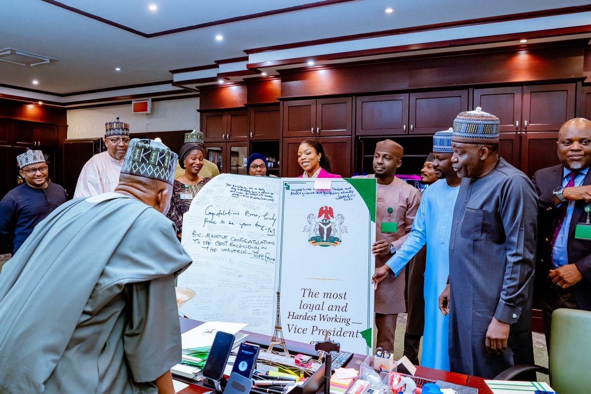 stanleynkwocha_'s tweet photo. Vice President Kashim Shettima, GCON @officialSKSM, today received a delegation of aides in his office, led by the Deputy Chief of Staff to the President, Office of the Vice President, Senator Ibrahim Hadejia @ihadejia, who paid him a congratulatory visit following his re-nomination as running mate to President Bola Ahmed Tinubu, GCFR @officialABAT, for the 2027 presidential election.

The Vice President expressed profound gratitude to President Tinubu for the renewed confidence reposed in him, describing the re-nomination as a call to deeper loyalty, greater service, and stronger commitment to the success of the Renewed Hope Agenda.

He thanked the Deputy Chief of Staff and other aides for their solidarity, prayers, and steadfast support, while reminding them that public office is a trust that must be discharged with humility, discipline, and total dedication to the Nigerian people.

VP Shettima further noted that the President Tinubu administration remains focused on consolidating reforms, strengthening the economy, improving security, expanding opportunities for young people, and building a more prosperous and united Nigeria.

He urged all members of his team to see the moment as a renewed charge to work harder, stay focused, and continue supporting the President’s vision with loyalty, competence, and a deep sense of national responsibility.