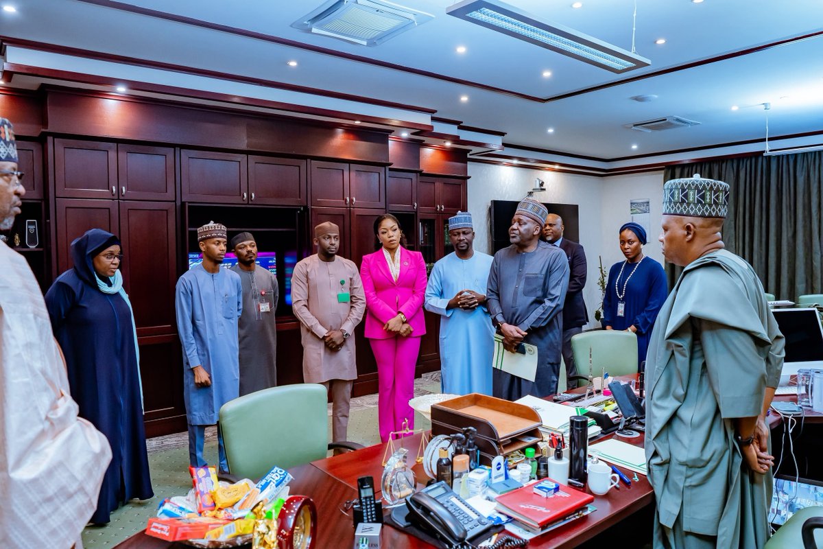 stanleynkwocha_'s tweet photo. Vice President Kashim Shettima, GCON @officialSKSM, today received a delegation of aides in his office, led by the Deputy Chief of Staff to the President, Office of the Vice President, Senator Ibrahim Hadejia @ihadejia, who paid him a congratulatory visit following his re-nomination as running mate to President Bola Ahmed Tinubu, GCFR @officialABAT, for the 2027 presidential election.

The Vice President expressed profound gratitude to President Tinubu for the renewed confidence reposed in him, describing the re-nomination as a call to deeper loyalty, greater service, and stronger commitment to the success of the Renewed Hope Agenda.

He thanked the Deputy Chief of Staff and other aides for their solidarity, prayers, and steadfast support, while reminding them that public office is a trust that must be discharged with humility, discipline, and total dedication to the Nigerian people.

VP Shettima further noted that the President Tinubu administration remains focused on consolidating reforms, strengthening the economy, improving security, expanding opportunities for young people, and building a more prosperous and united Nigeria.

He urged all members of his team to see the moment as a renewed charge to work harder, stay focused, and continue supporting the President’s vision with loyalty, competence, and a deep sense of national responsibility.