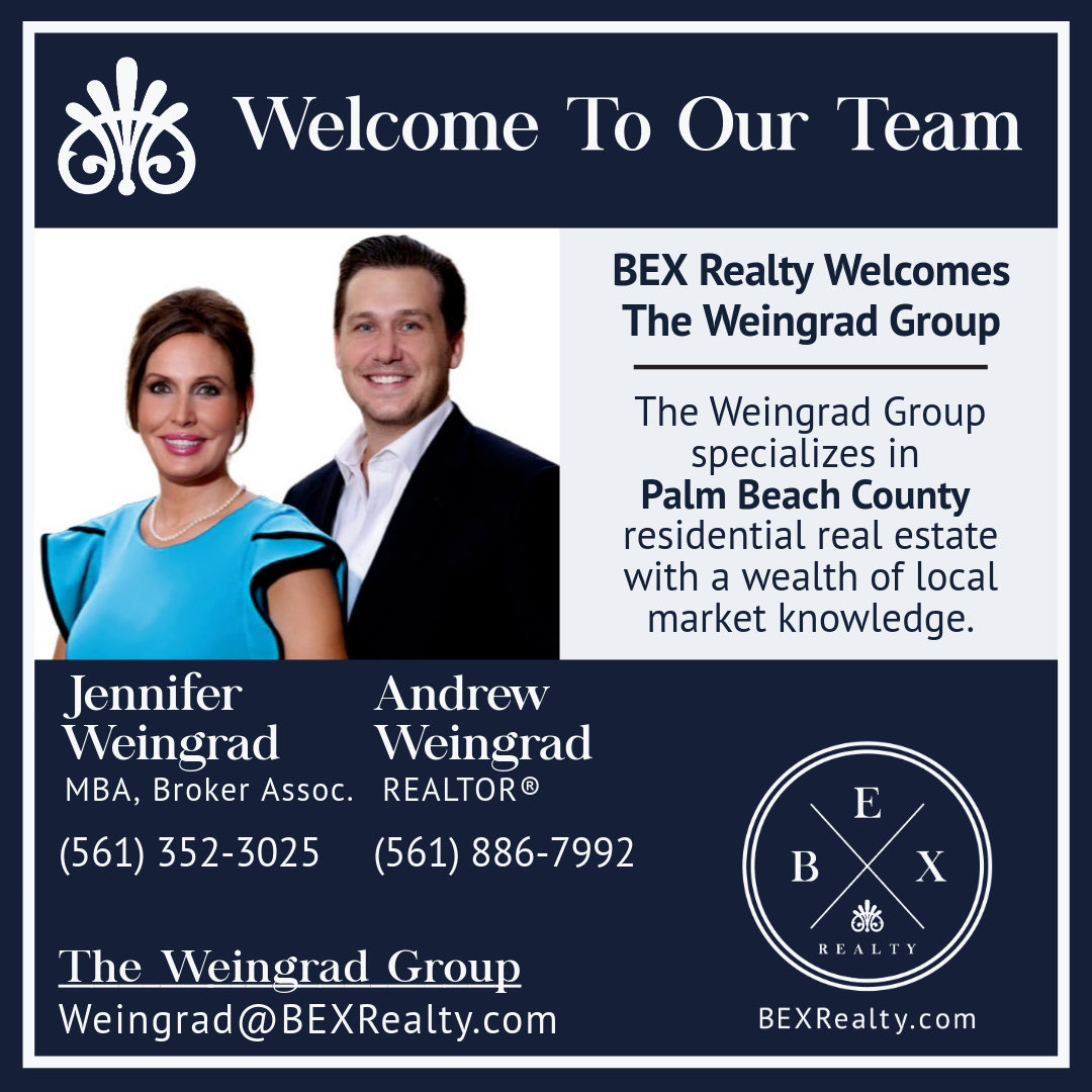BEXRealty's tweet photo. BEX welcomes The Weingrad Group! With 20+ years of serving South Florida’s real estate market, they’ve built a reputation for exceptional service, expert negotiation, &amp; innovative marketing. Jennifer &amp; Andrew are a wonderful addition to our brokerage https://t.co/nBu5Lo44e5 #BEX https://t.co/zdNoedIAcg