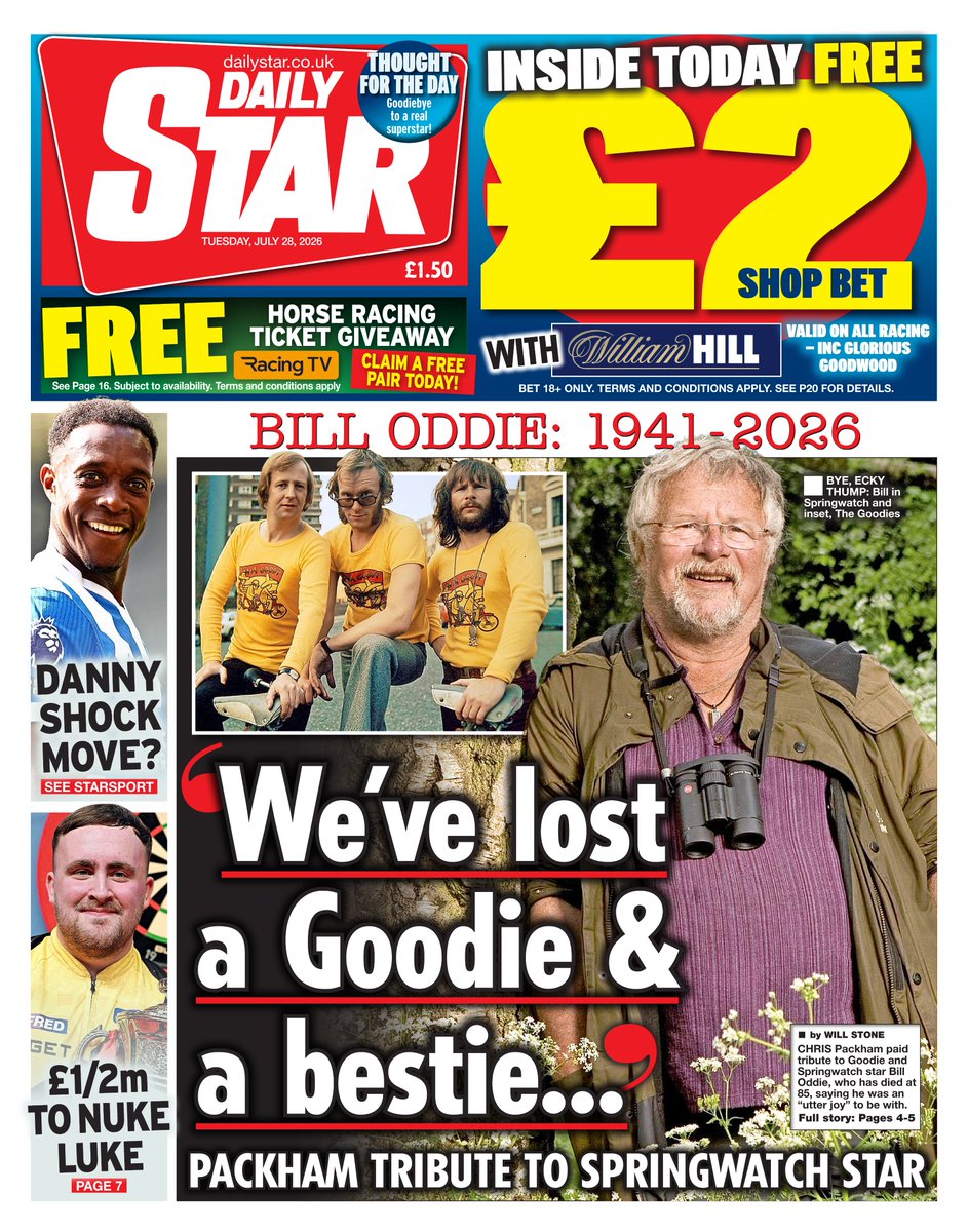AndyGibsonTV's tweet photo. "WE'VE LOST A GOODIE & A BESTIE..."
@StoneWillStone for @DailyStar

Chris Packham has paid tribute to Goodie and BBC Springwatch star Bill Oddie, who has died at 85.
Saying, he was an “utter joy” to be with.

#DailyStar
#TomorrowsPapersToday